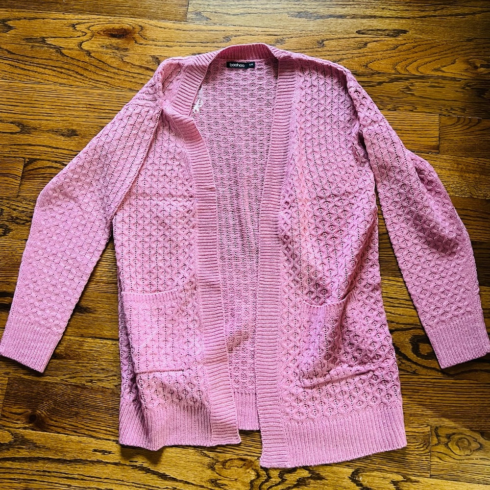 pink knit cardigan